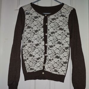 Elegant Brown and White Lace Cardigan Sweater